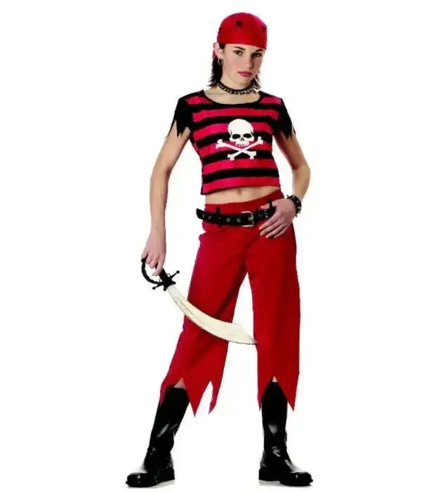 Front view of Hip Punk Pirate Girl Costume with striped skull top, red pants, and toy sword on white background