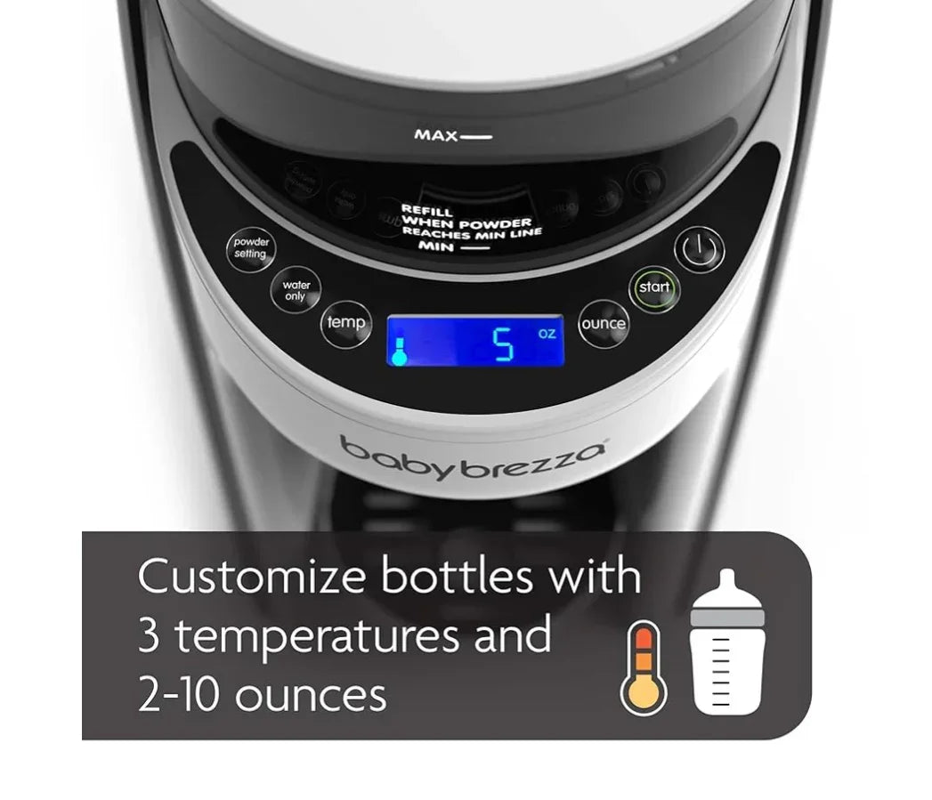 Baby Brezza bottle maker control panel with customizable temperature and ounce settings