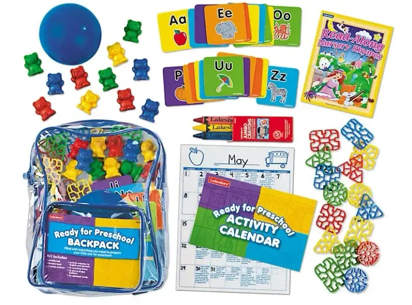 Front view of Lakeshore Ready for Preschool backpack kit showcasing clear backpack and contents including activity calendar, alphabet cards, bear counters, and crayons on white background