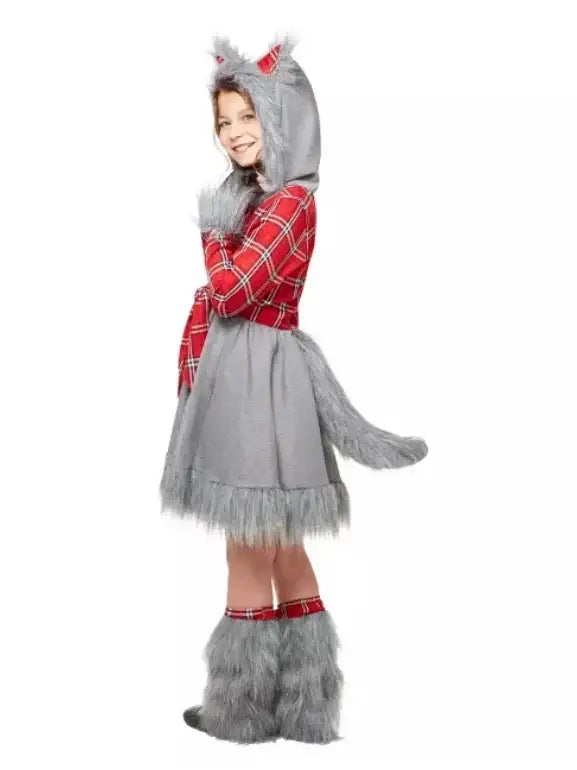 Side view of charming werewolf costume showcasing red plaid sleeves, gray faux fur hood, tail, and leg warmers