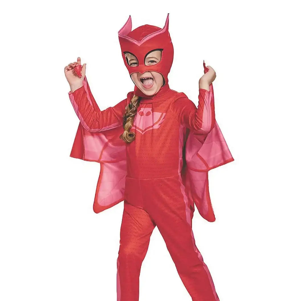 Child in red Owlette PJ Masks costume with cape, perfect for kids' dress-up and Halloween