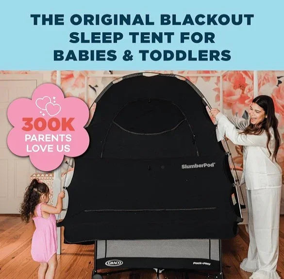 Blackout sleep tent for babies and toddlers with woman and child setting it up indoors