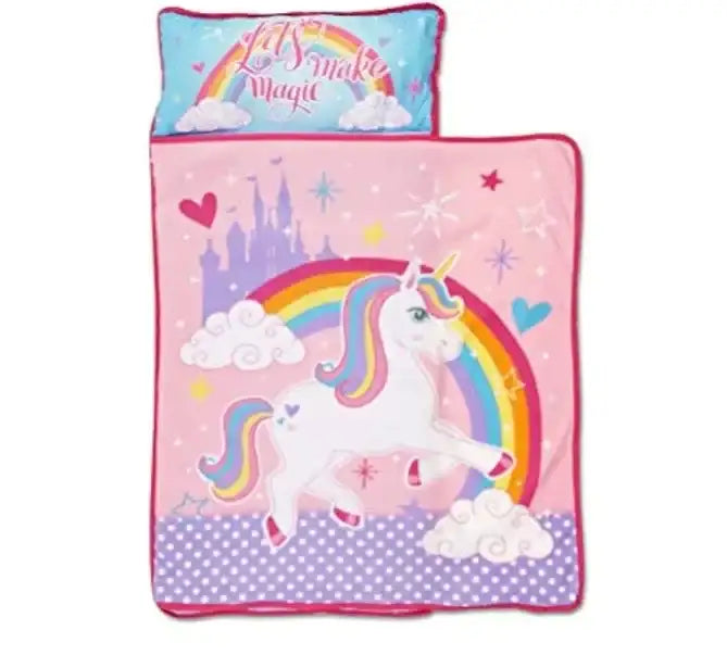 Top view of Funhouse Unicorn Kids Nap Mat in pink with unicorn rainbow and castle print Lets Make Magic pillow and purple polka dot trim