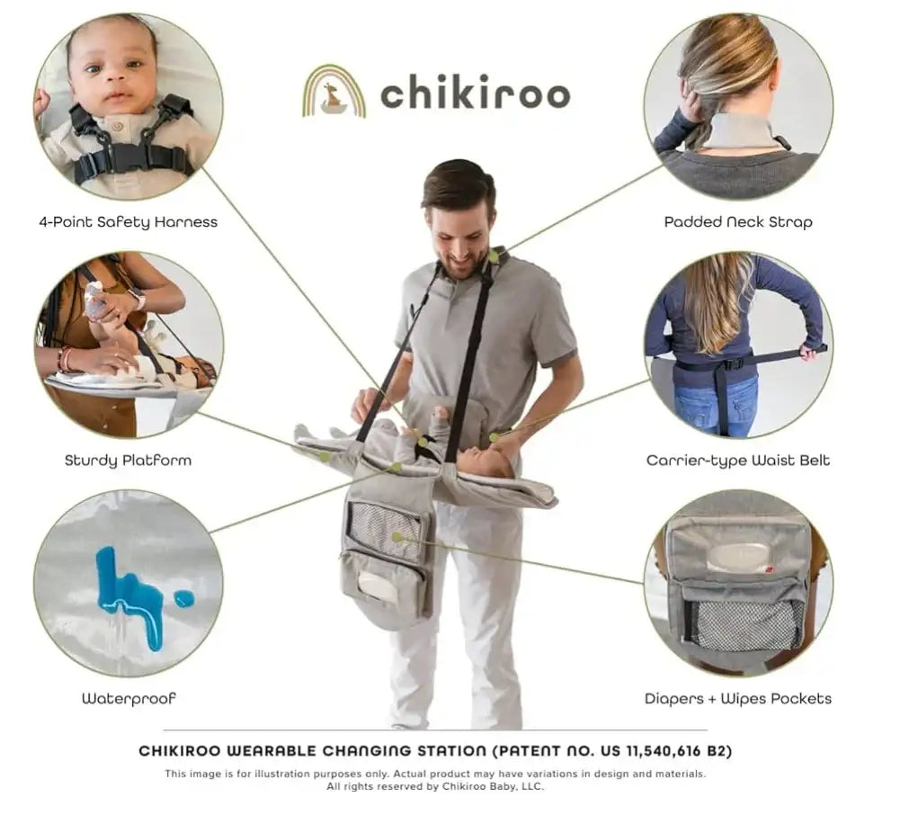 Feature view of NEW Chikiroo Wearable Changing Station showcasing parent-worn changing platform with 4-point harness padded neck strap and waist belt