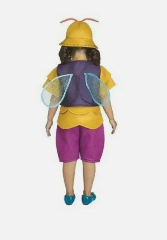 Back view of Beat Bugs Buzz costume showing yellow hat with antennae, purple shorts, and translucent wings on a white background