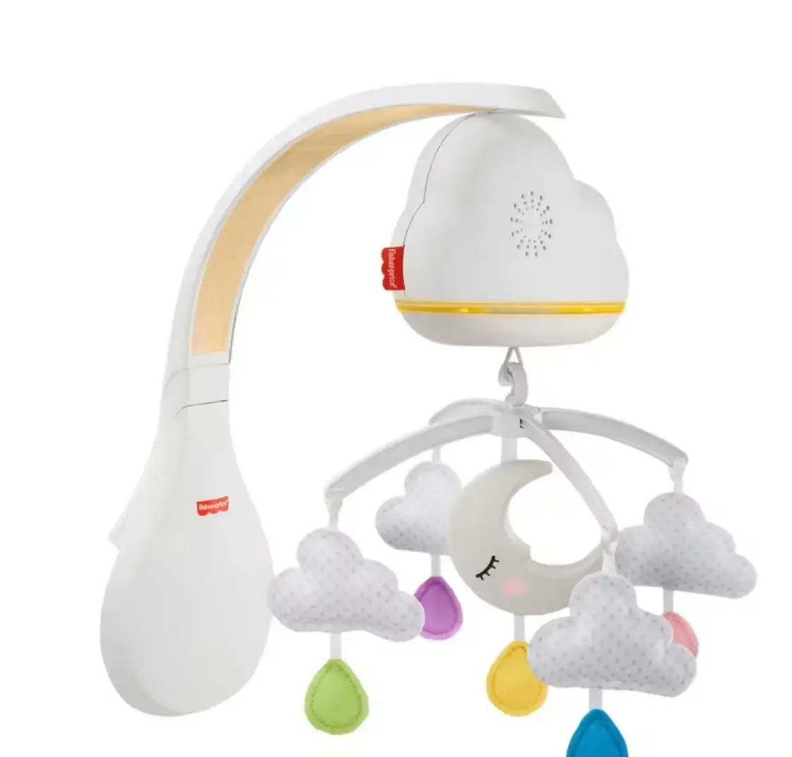 Front view of Fisher-Price Calming Clouds Crib Mobile & Soother with plush clouds, raindrops, and crescent moon on white