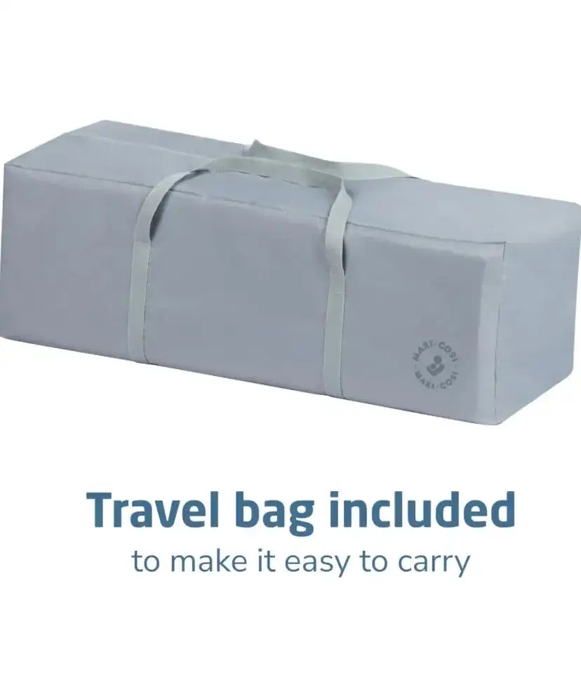Front view of Maxi-Cosi Swift Playard travel bag showcasing rectangular gray carrying case with dual handles on white background