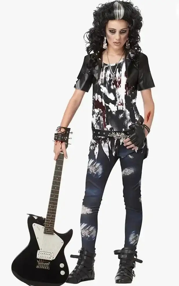Front view of Rubie’s Rocked Out Zombie Girl Costume showing a black-and-white distressed outfit with faux leather details on white