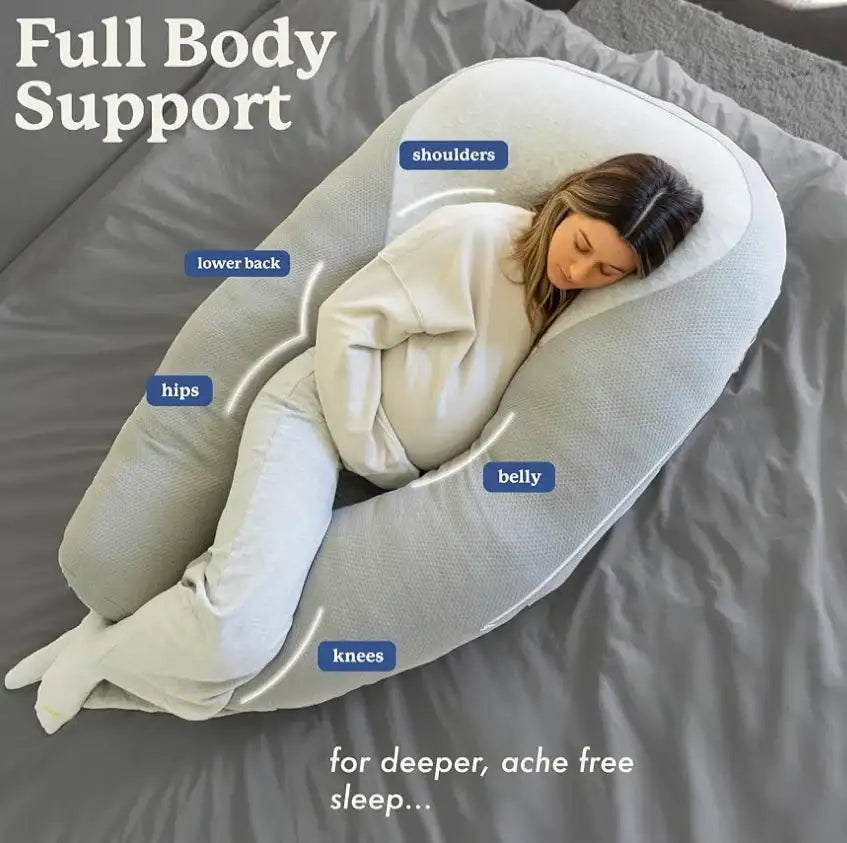Angled view of Plufl Hugl Cooling Body Pillow in grey showcasing full-body support for shoulders, back, hips, belly, and knees