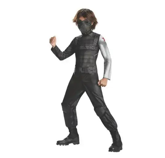 Front view of black Marvel Winter Soldier costume showcasing chest armor, mask, and gloves on a white background
