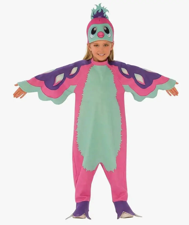 Front view of pink Hatchimals Penguala costume with winged sleeves, character hood, and purple feet on white background