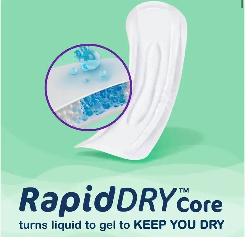 Angled view of Always Discreet postpartum pad showcasing RapidDRY core gel-absorbing layer on mint green background