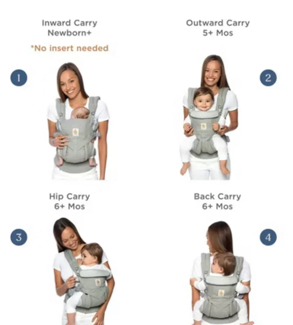 Woman demonstrates four baby carrier positions: inward, outward, hip, and back carry.