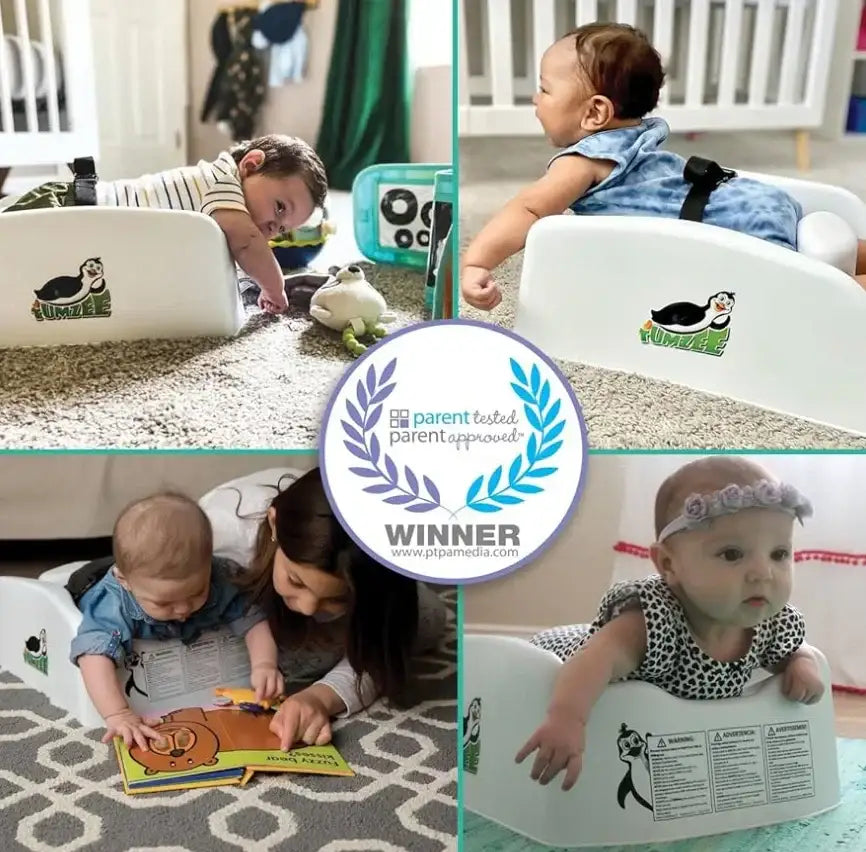 Babies using infant tummy time support loungers in playroom, Parent Tested Parent Approved award badge