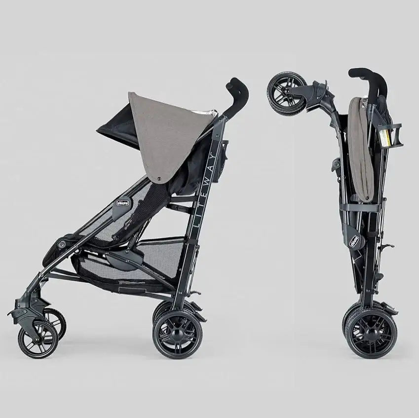Side and folded views of Chicco Liteway stroller in Dune showcasing its compact fold on a gray background