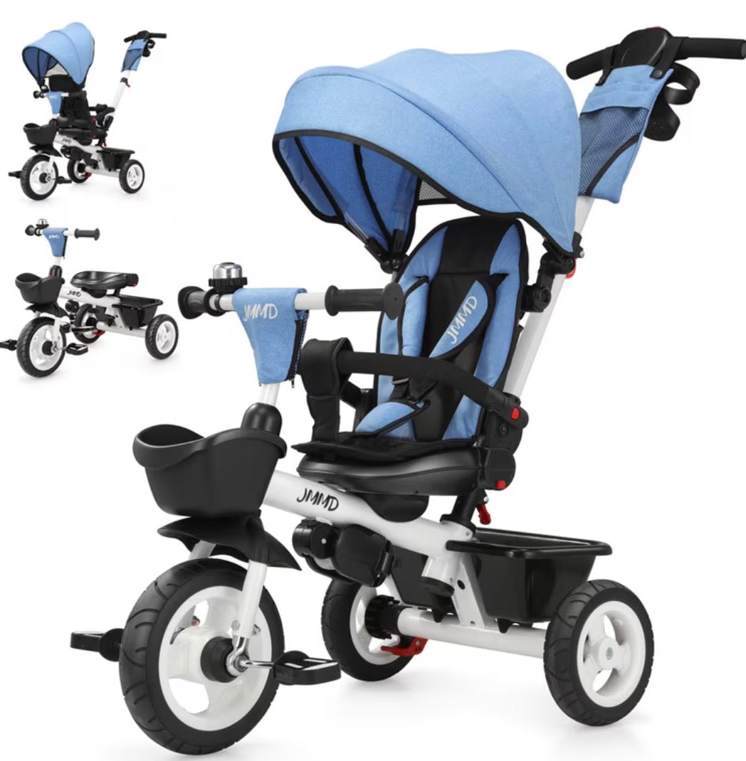 NEW JMMD 6-in-1 Foldable Tricycle with Adjustable Push Handle, Blue