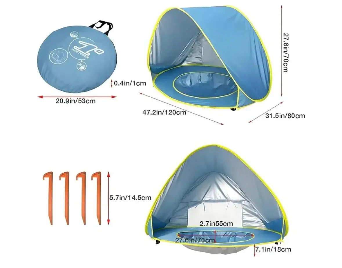 Portable pop-up baby beach tent with UV protection, compact carry bag, and stakes for outdoor sun shelter