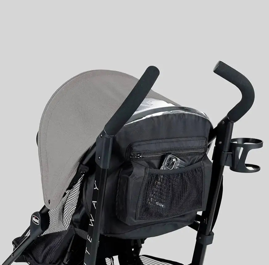 Close-up view of Chicco Liteway stroller in Dune showcasing gray canopy, organizer pocket, and cup holder against a light gray background