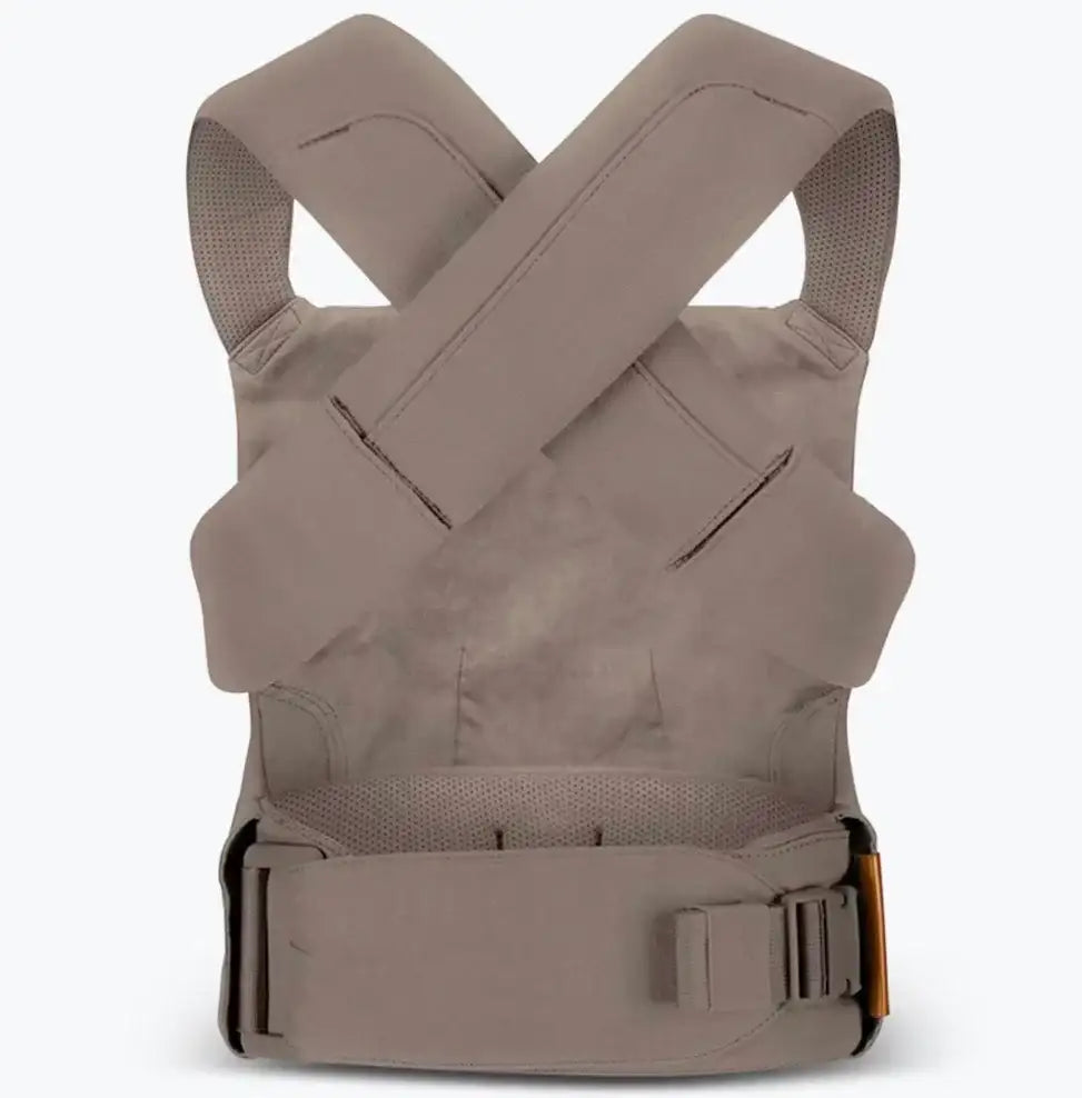Front view of Wildbird Aerial Carrier in Desert Lark showcasing crossed padded straps and waist belt