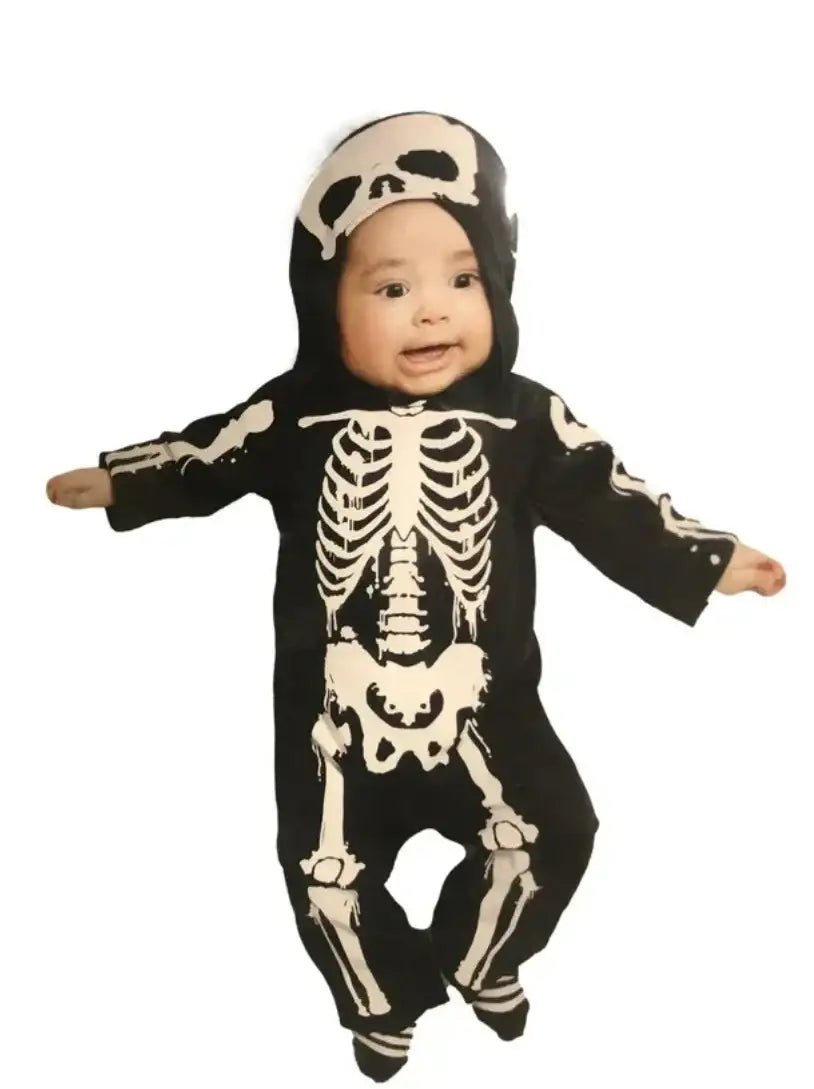 Baby in black skeleton Halloween costume with hood, perfect for kids' festive outfits