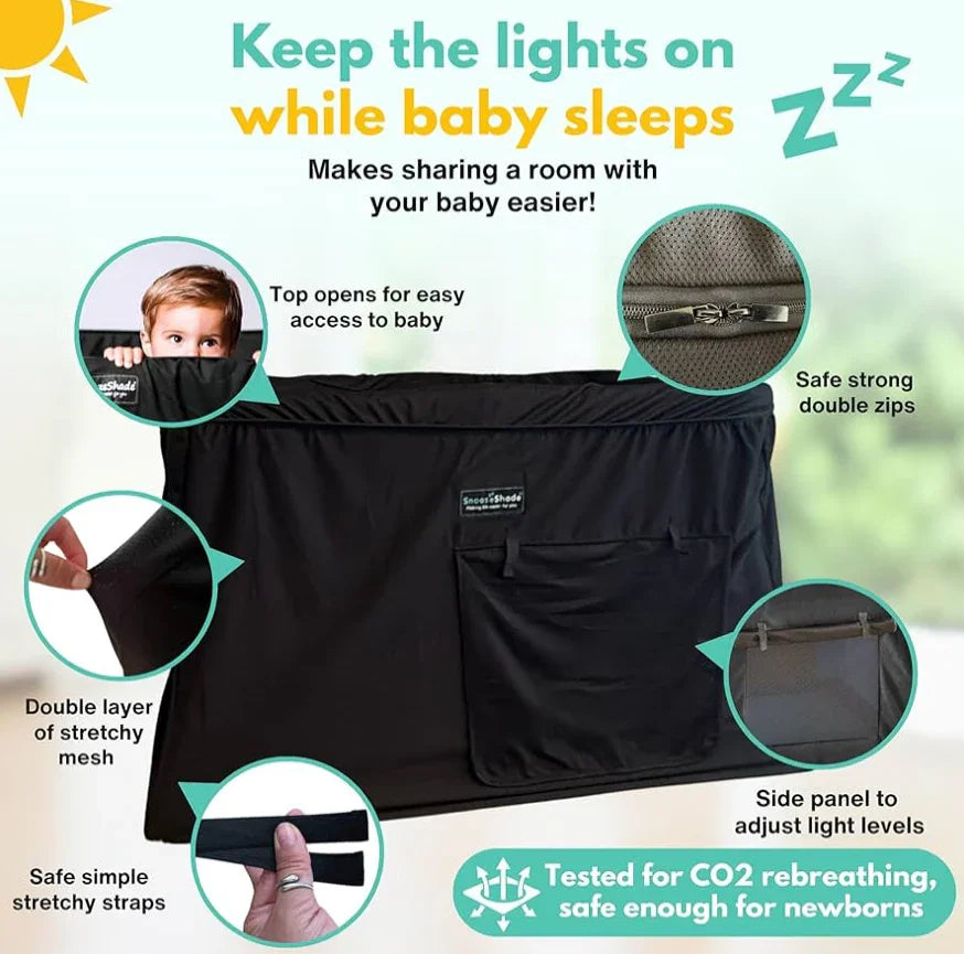 Black baby crib cover with mesh, double zips, stretchy straps, and adjustable side panel.