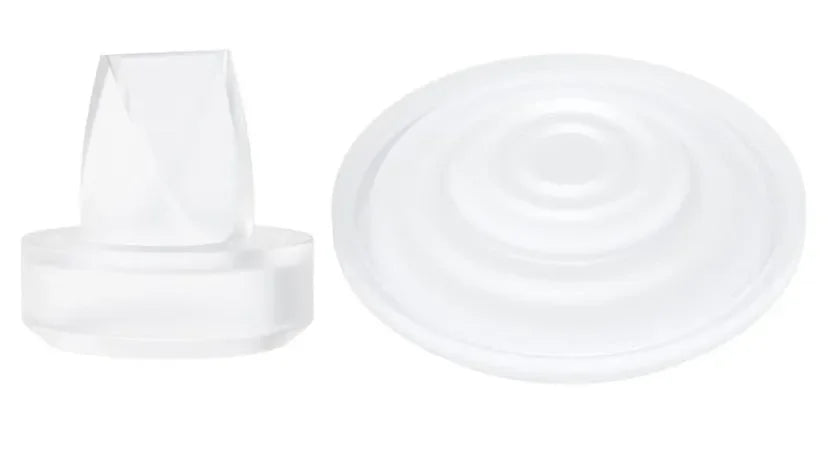 Top and side views of Momcozy S9 Pro/S12 Pro replacement silicone diaphragm and valve, translucent parts on white background