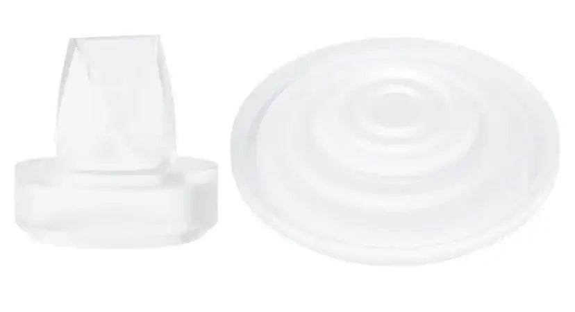 Top and side views of Momcozy S9 Pro/S12 Pro silicone diaphragm and valve showcasing translucent silicone material on white background