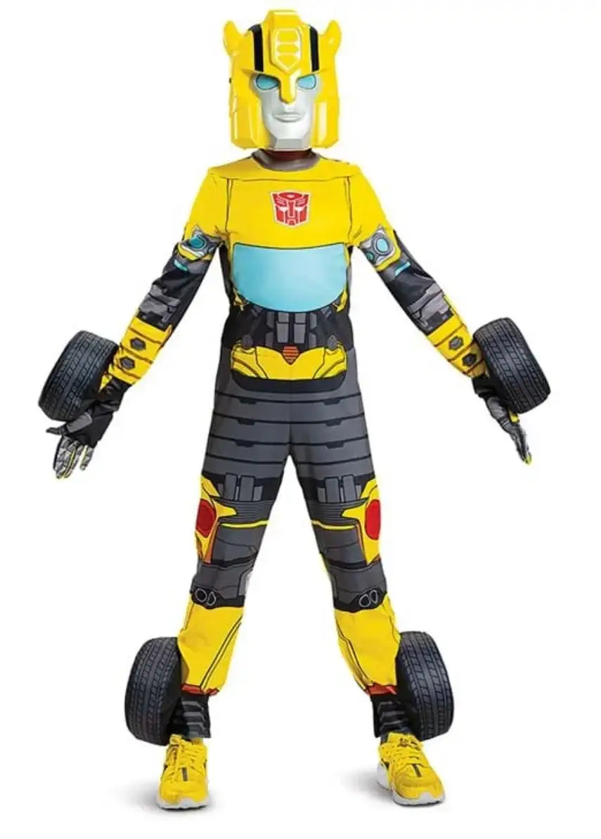 Child in yellow Bumblebee Transformer costume with tire accents and helmet