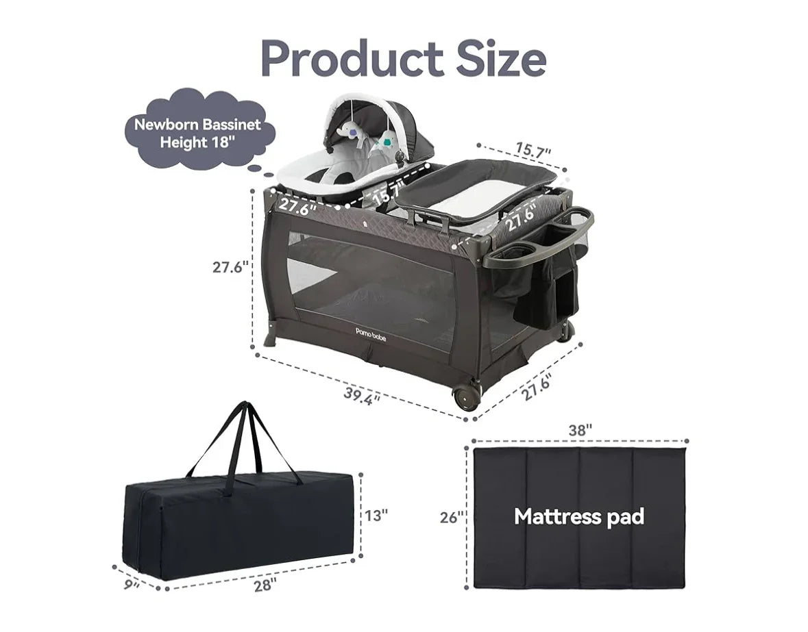 Gray portable baby playard with bassinet, organizer, carry bag, and mattress pad, product dimensions displayed.