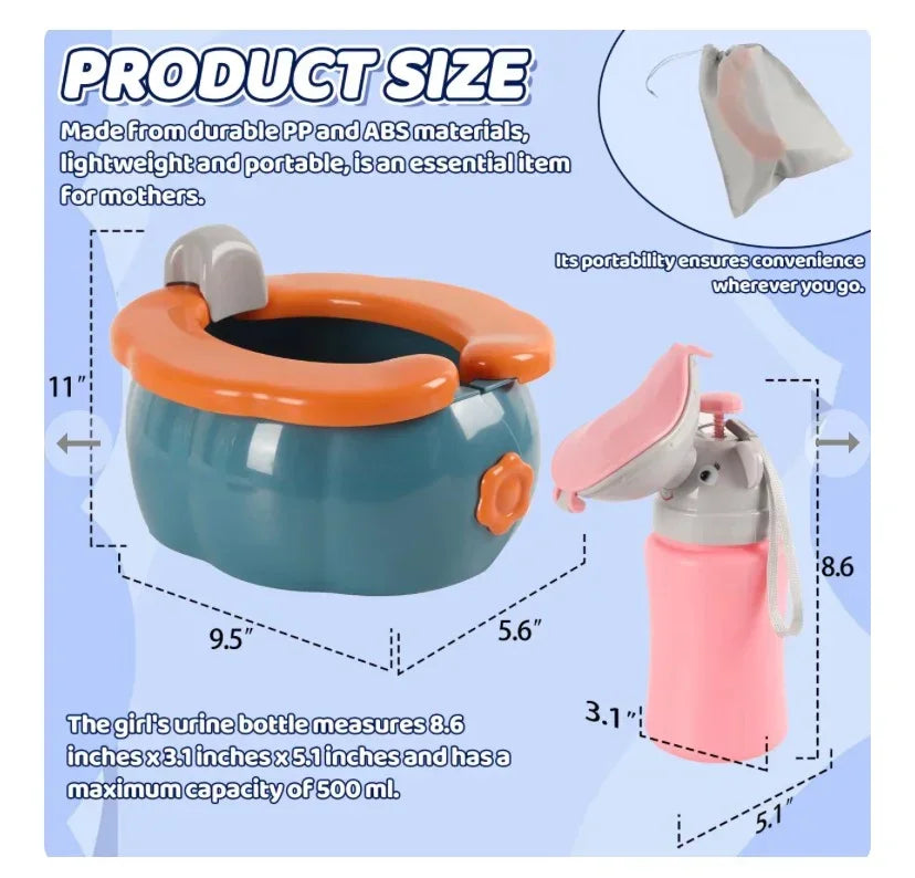 Front view of LuQiBabe travel potty kit with blue-green potty, orange seat, pink urinal bottle, carry pouch and visible size markings