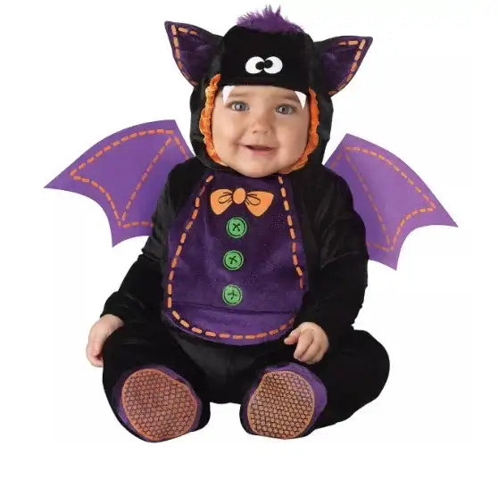 Front view of InCharacter baby bat costume in black showcasing purple wings, ear headpiece, and buttoned bib with white background