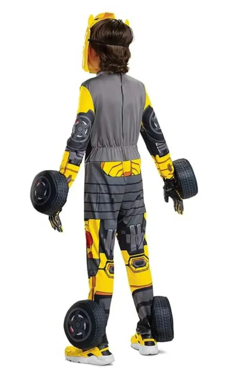 Child in yellow and gray robot costume with wheel accessories, perfect for kids' dress-up or Halloween.