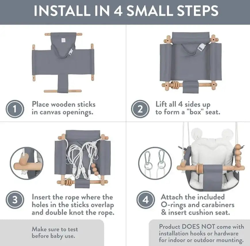 Step-by-step installation guide for the Me n Mommy To Be grey canvas baby swing.