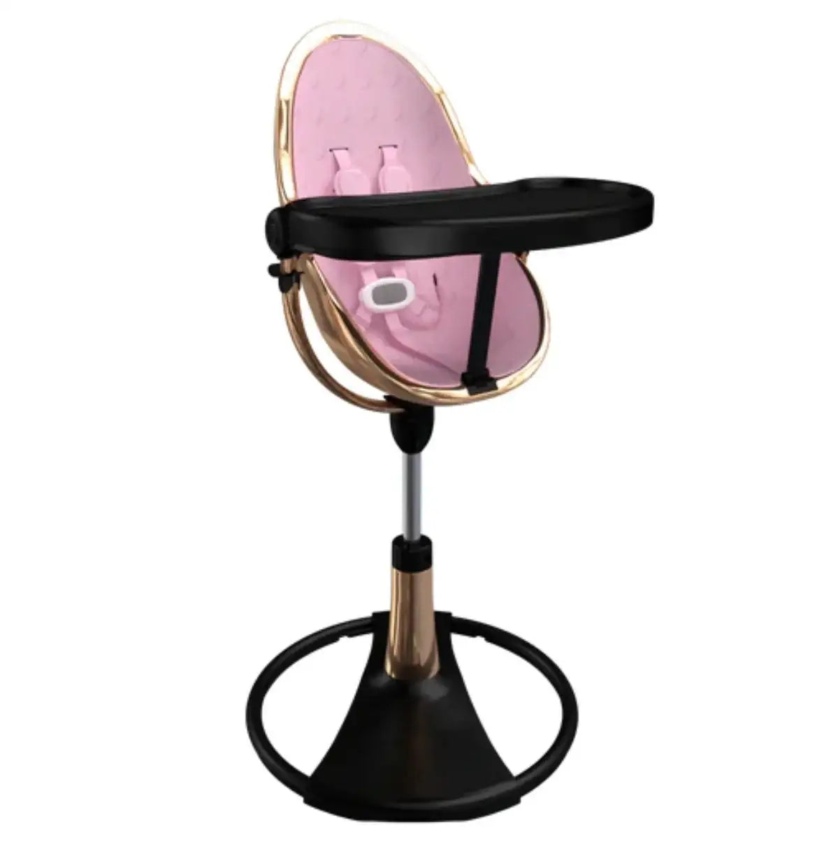 Front view of Bloom Fresco high chair in Rose Gold showing pink padded seat, black tray, and gold frame on white