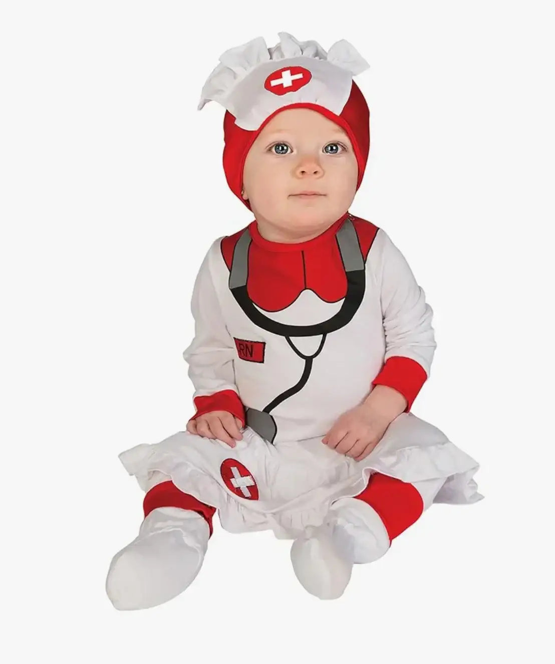 Front view of Rubie’s Baby’s 1st Halloween nurse costume, size 6 to 12 months, with red and white dress and nurse cap