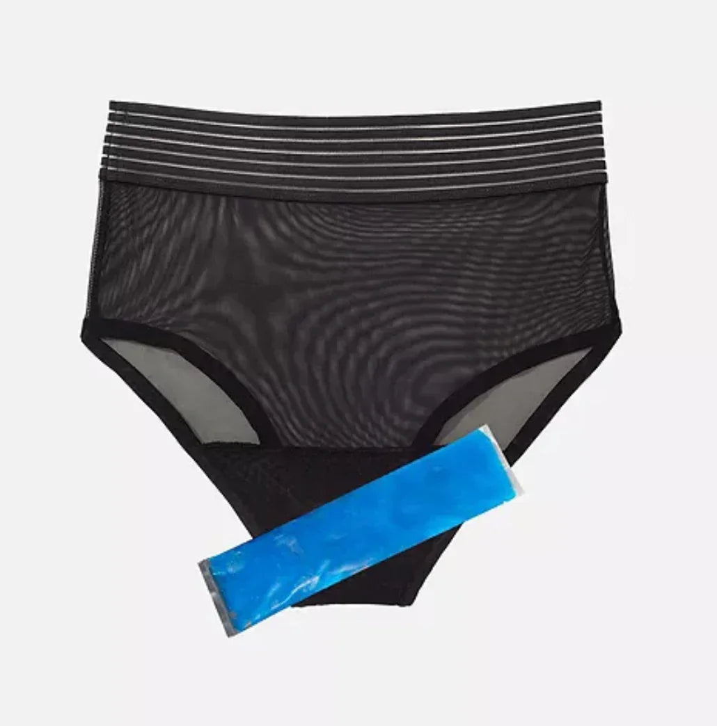 Black mesh postpartum underwear with blue perineal ice pack on white background