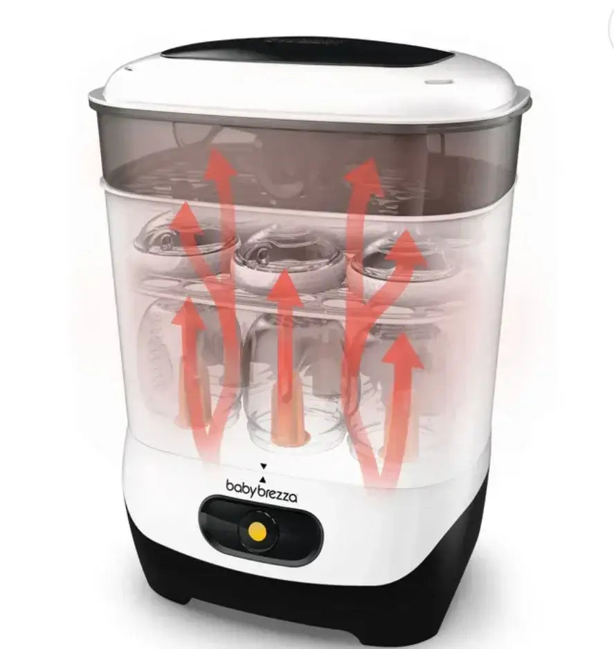 Front view of Baby Brezza One Step Sterilizer showing clear chamber with bottles, red steam arrows, and black base