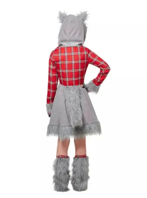 Back view of Spirit Halloween charming werewolf costume showcasing red plaid top and gray faux fur trim on a white background