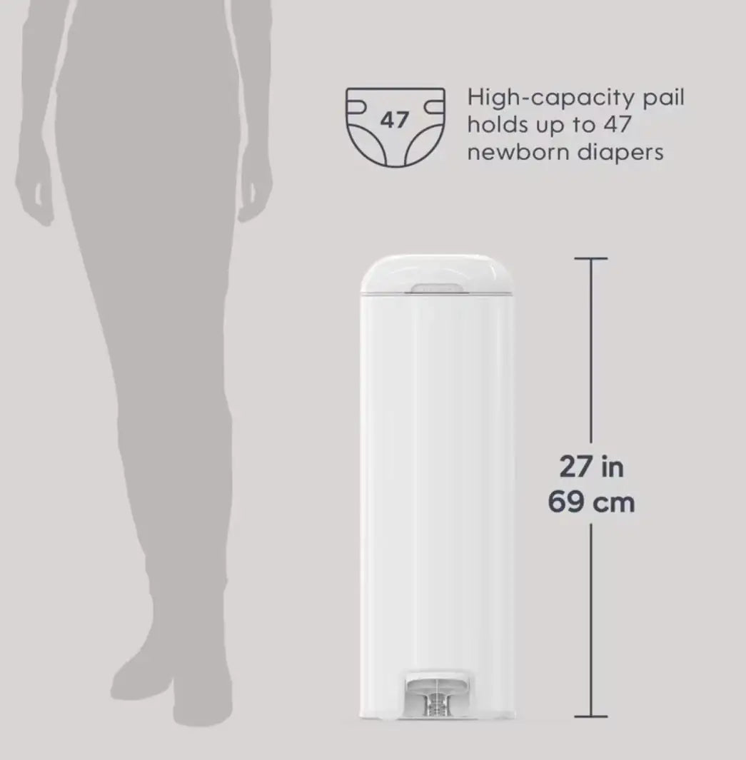 White Diaper Genie Platinum Pail showing capacity for 47 newborn diapers and 27 in 69 cm height on gray background