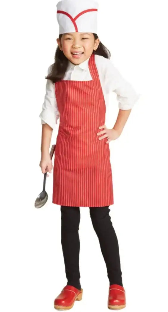 Full view of Hyde and Eek! deli worker costume in a red and white striped apron and matching hat on a child against a white background