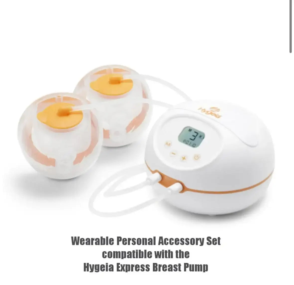 Hygeia Express wearable personal breast pump accessory set with two breast shields and white control unit