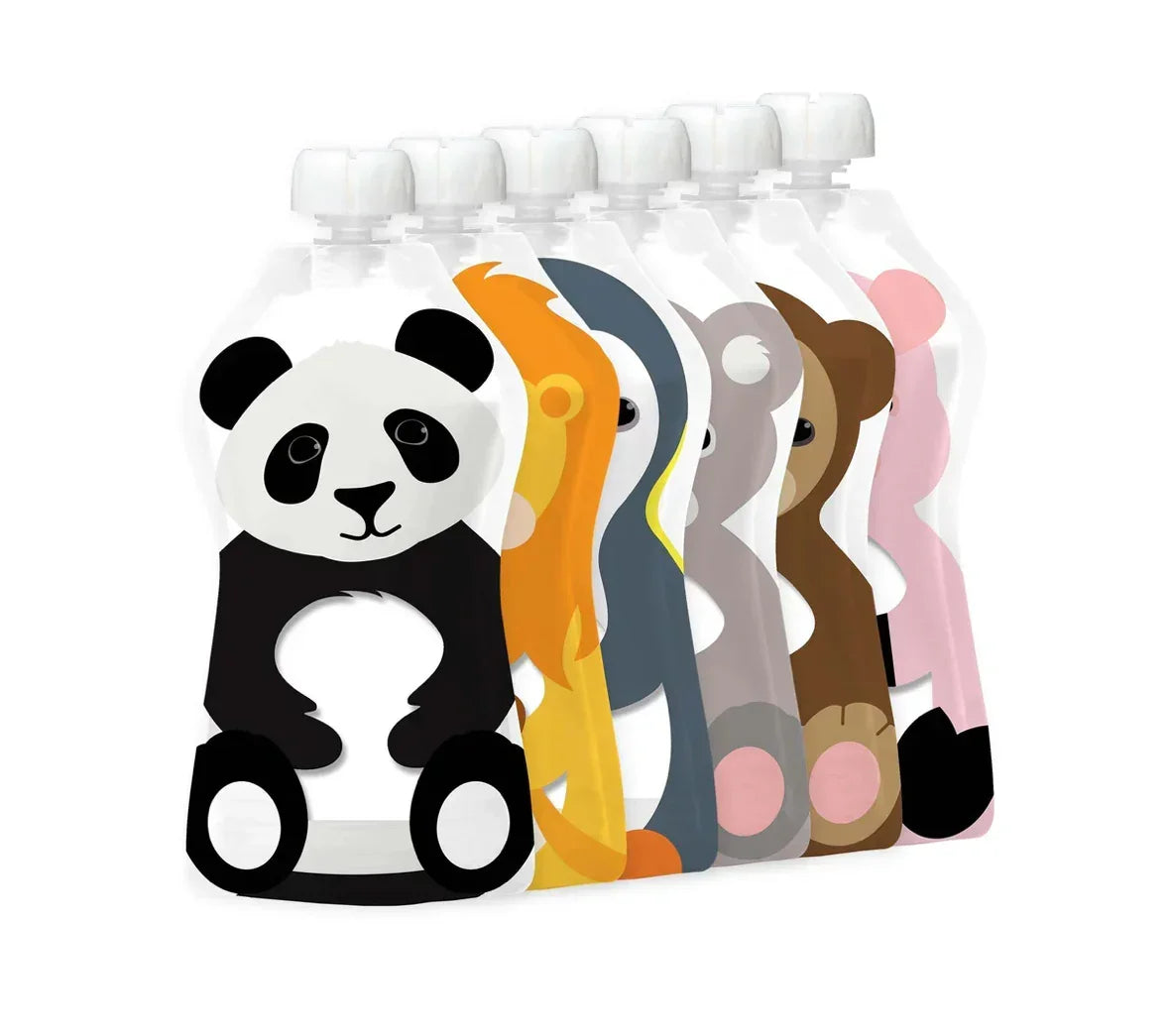 Reusable animal-shaped food pouches with panda, penguin, lion, monkey, and bear designs