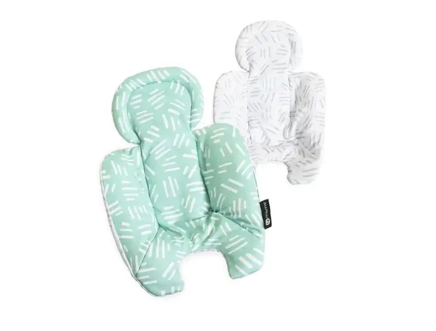 View of 4Moms Cool Mesh Newborn Insert showcasing reversible mint and light gray patterned plush fabric on a white background