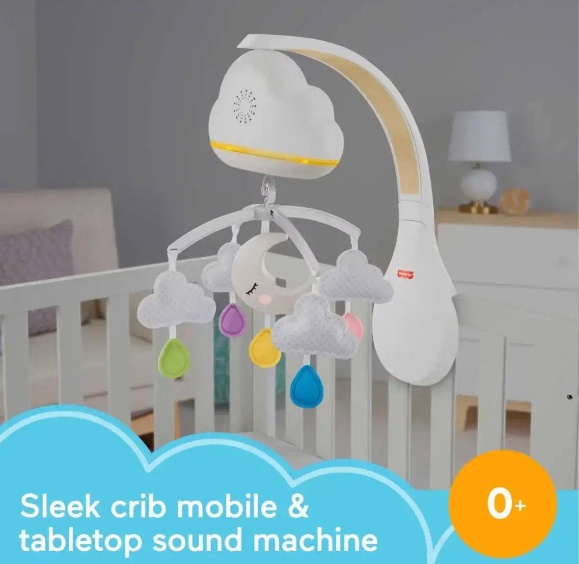 Fisher Price Calming Clouds crib mobile and soother with clouds and raindrops and tabletop sound machine headline