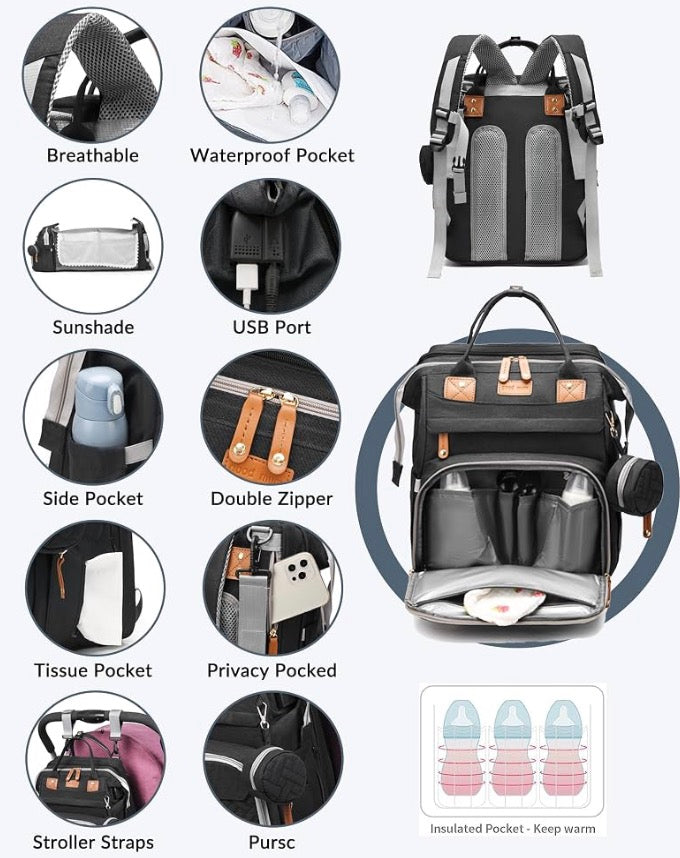Good Mum Diaper Bag Backpack w/ Changing Station & Sunshade Black