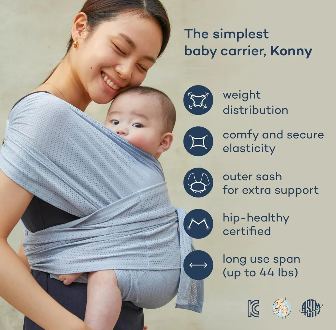 Konny Baby Carrier Wrap Summer AirMesh, Green sz M (9-44lbs)