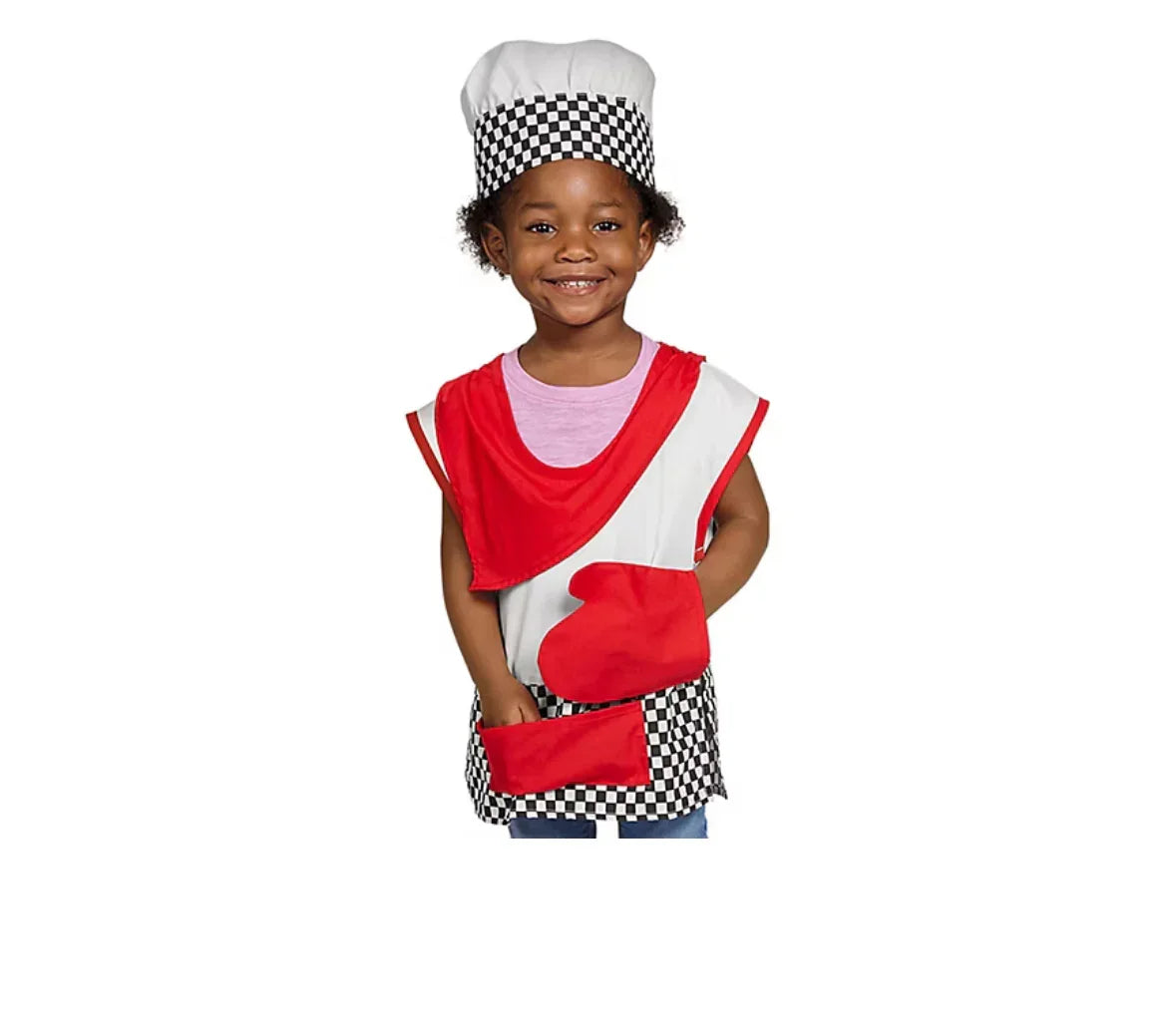 Child in chef costume with checkered hat and apron, perfect for kids' dress-up play