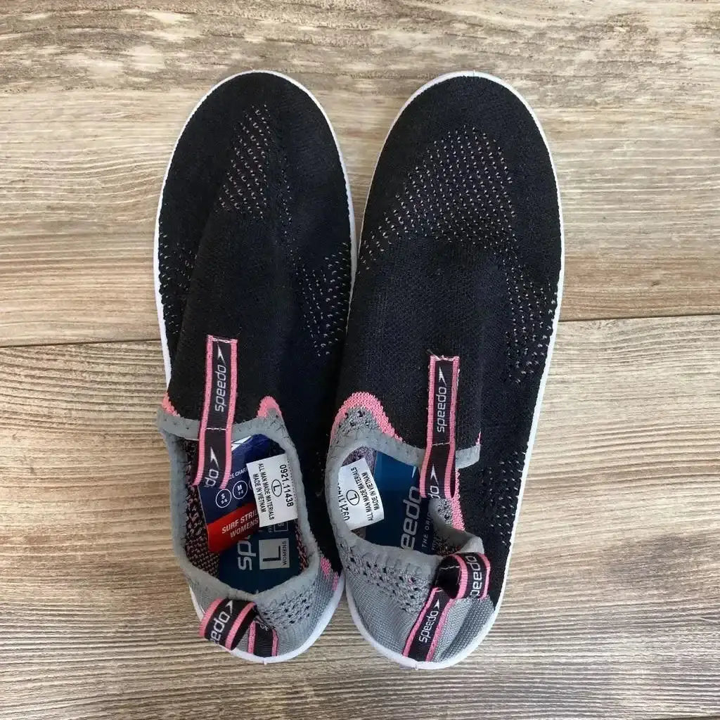 Top view of NEW Speedo Junior Surf Strider Water Shoes sz 9/10Y showing black mesh uppers, gray trim, pink accents, and pull loops