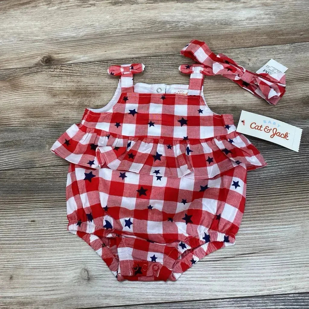 NEW Cat & Jack 2pc Gingham Stars Romper & Headband sz 0-3m - Me 'n Mommy To Be