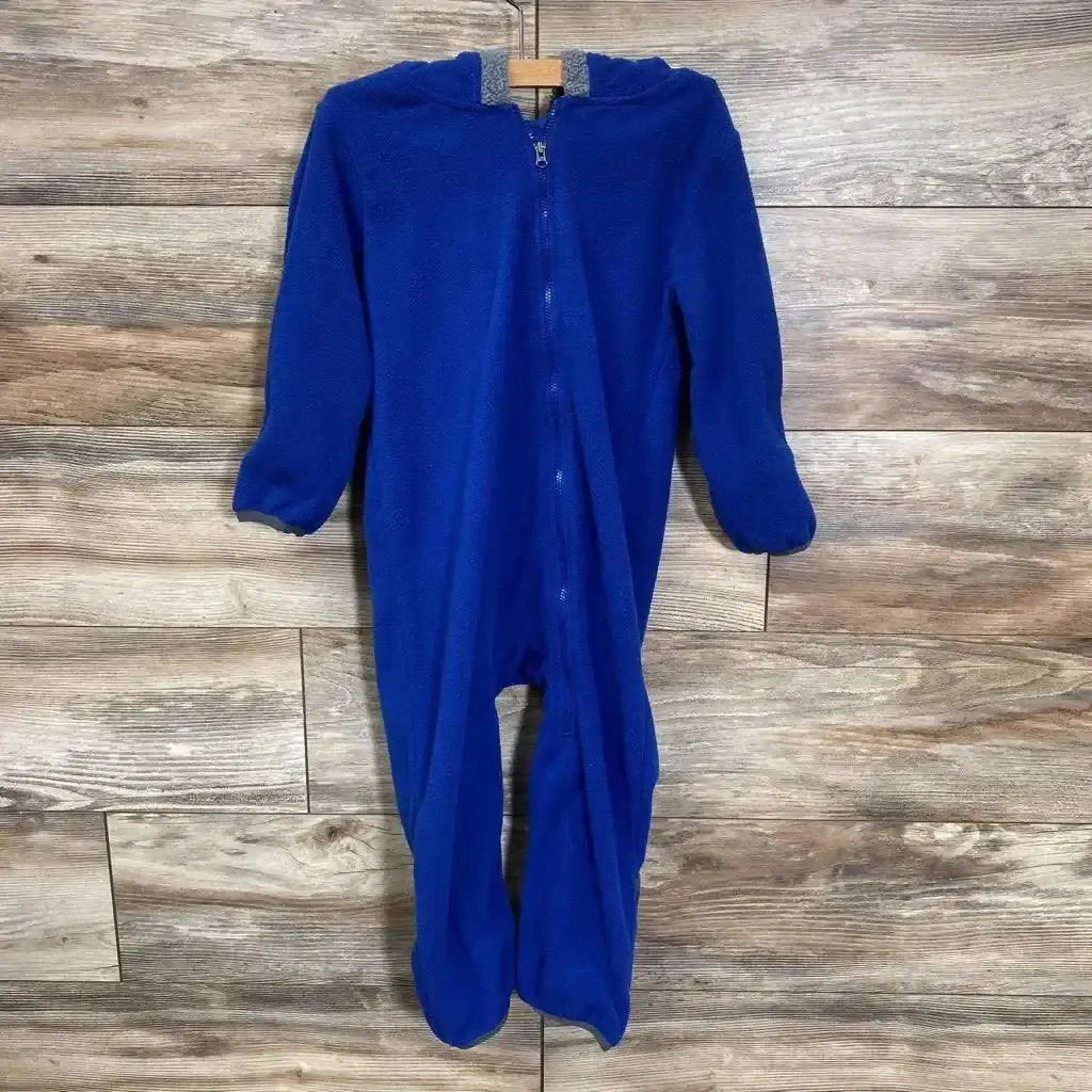 Front view of blue Cuddle Club bear bunting size 4T showing full-length zipper and hood with gray lining on wood background